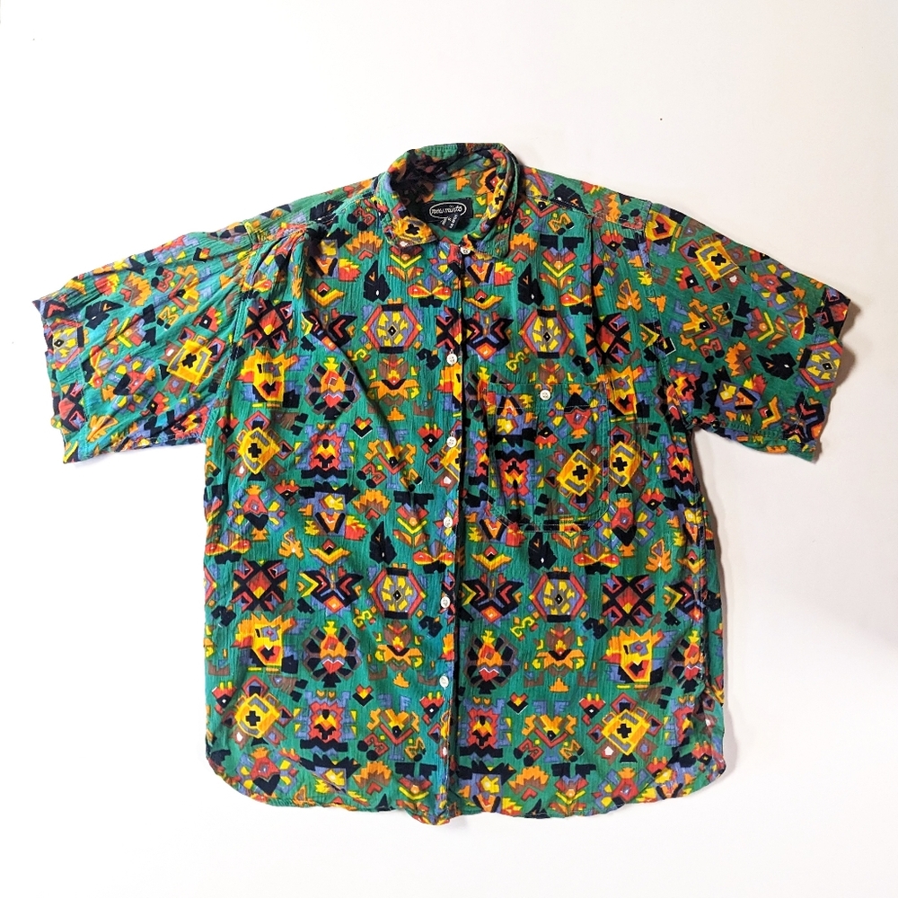 Vintage Aztec Print Short Sleeve Button Down Shirt